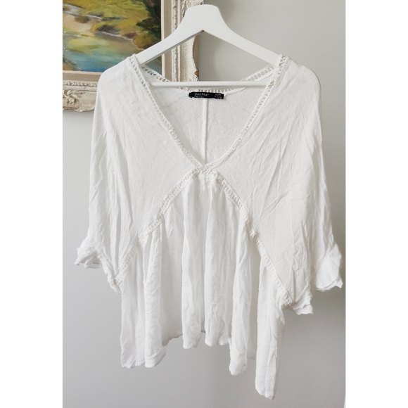 BERSHKA boho white lace loose cotton top - Picture 3 of 6